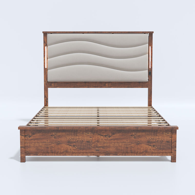 Bed Frame with Upholstered Headboard, Bed Frame with Charging Station and LED Lights, Wood Slats, Beige Linen, No Box Spring Needed, Easy Assembly