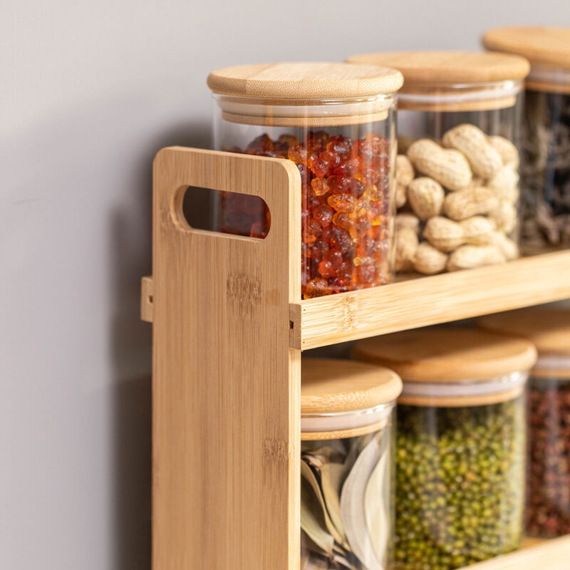Basicwise Versatile 3-Tier Bamboo Spice Rack and Pantry Organizer with 12 Glass Jars – Perfect for Countertop Storage in Kitchens to Keep  Seasoning Containers Neatly Displayed and Easily Accessible