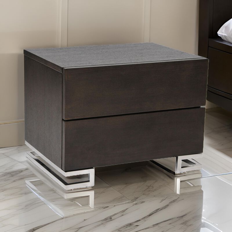 Sam 20 Inch Nightstand, 2 Drawers, Espresso Brown, High Polished Metal Legs - Benzara