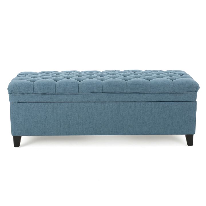 Rhya Storage Ottoman Bench, Soft Blue Fabric, Black Wood, 50 Inch - Benzara