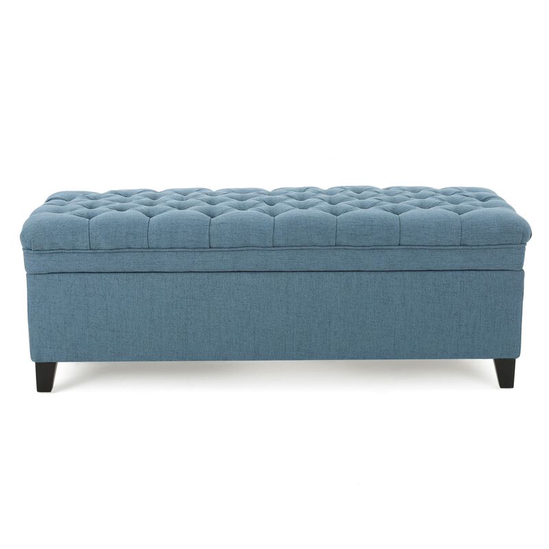 Rhya Storage Ottoman Bench, Soft Blue Fabric, Black Wood, 50 Inch - Benzara