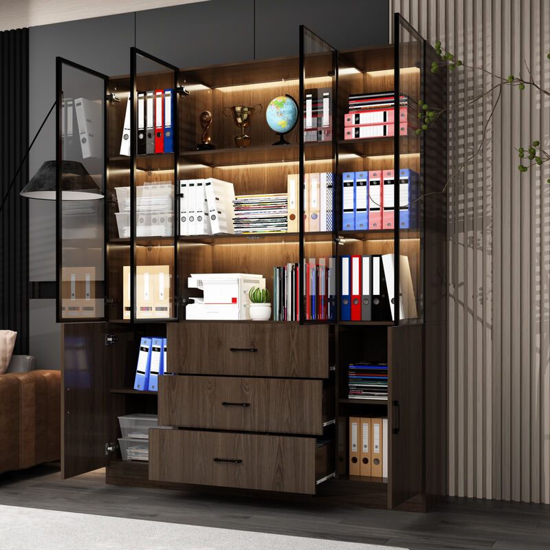 Brown Wood 63 in. W Display Cabinet With Pop up Tempered Glass Doors, 3-Color LED Lights, Drawers, Adjustable Shelves