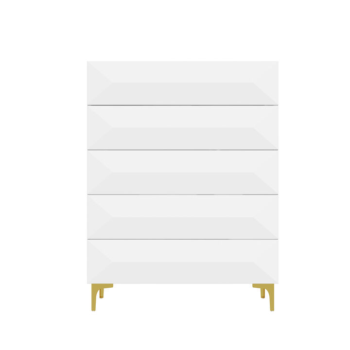 FUFU&GAGA 5-Drawer Chest with Geometric Front Design, Sturdy Metal Legs, (31.5" W x 15.7" D x 41.3" H), White