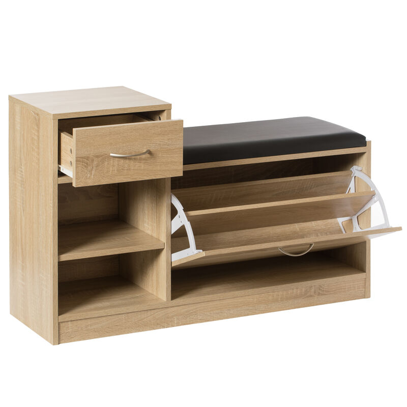 Wooden Entryway Shoe Storage Bench with Cushion, Oak