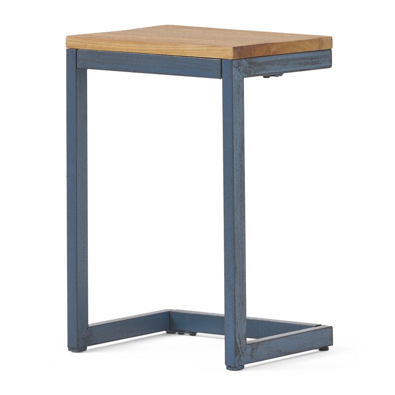 Small Accent End Table, 13 Inch, C Shaped Iron Legs, Black, Brown Wood - Benzara