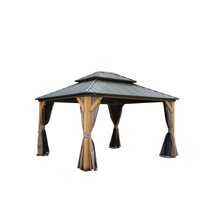 Cedar Wood Framed Hardtop Gazebo with Curtains and Netting