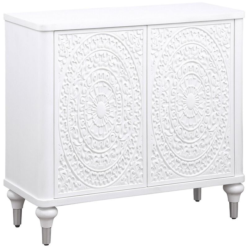 Cardi Accent Cabinet, 2 Medallion Carved Doors, 36 Inch Classic White - Benzara