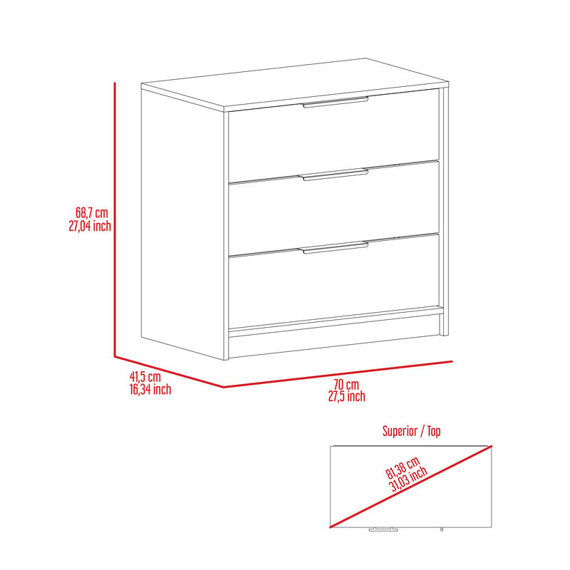 DEPOT E-SHOP Egeo 3 Drawers Dresser, Superior Top, White