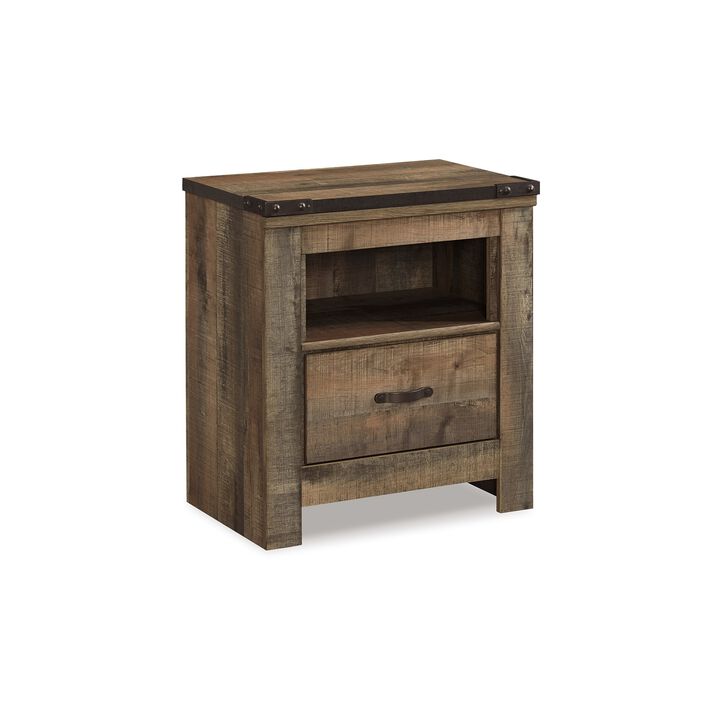 Zoey Nightstand w Drawer and Shelf, USB, Rustic Brown Plank Details - Benzara