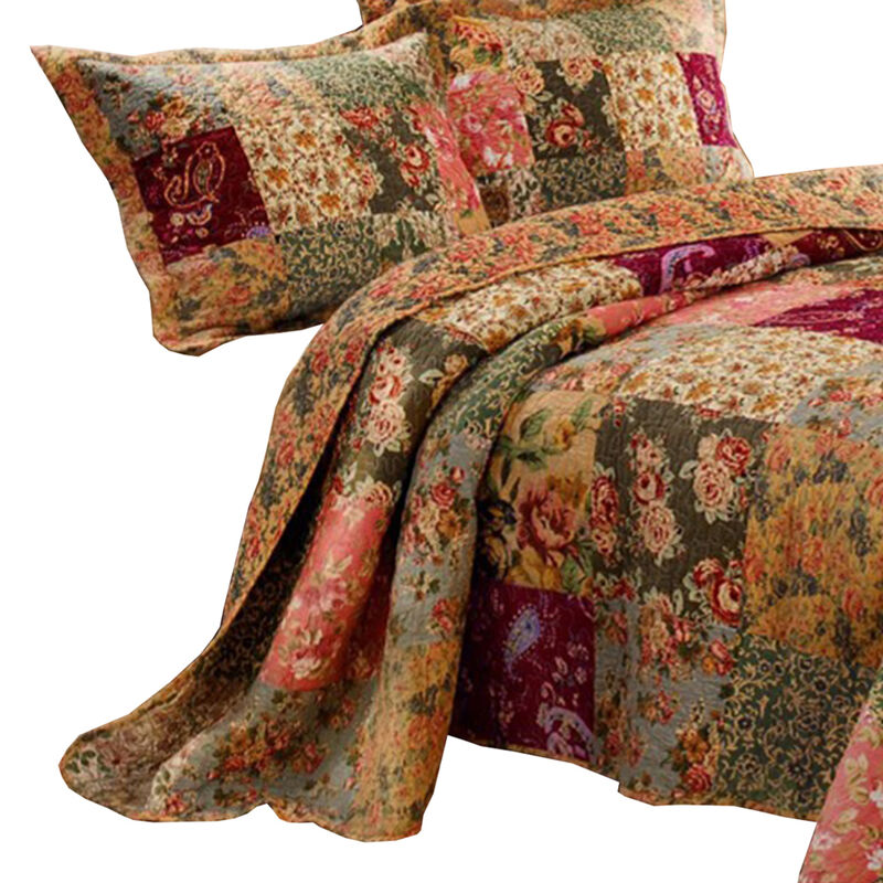 Kamet 3 Piece Fabric Queen Size Quilt Set with Floral Prints, Multicolor - Benzara
