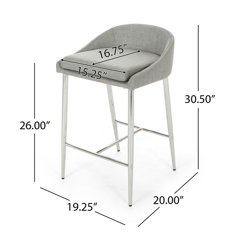 Yoko Counter Stool Chair, Curved Back, Chrome Iron Legs, Gray Fabric - Benzara