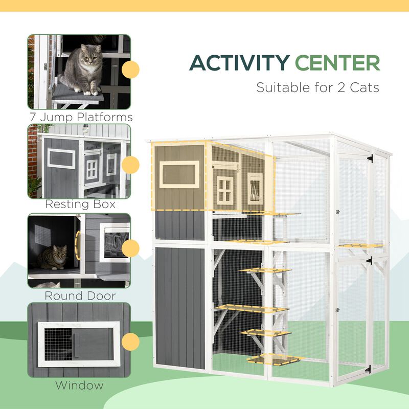 Outdoor Cat Enclosure: Walk-In Wooden Catio with PVC Roof & Platforms