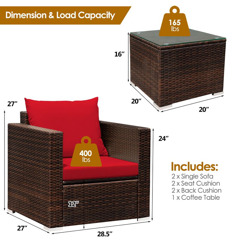 3 Pieces Patio Conversation Rattan Furniture Set with Cushion