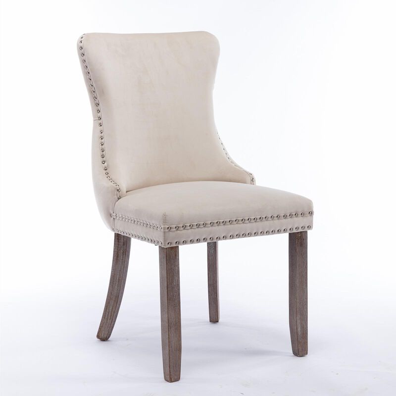 Set of 2 Wing-Back Dining Chairs, Backstitching, Nailhead Trim, Solid Wood Legs