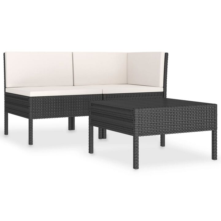Doja 3pc Outdoor Loveseat and Coffee Table Set, Black Rattan, White - Benzara