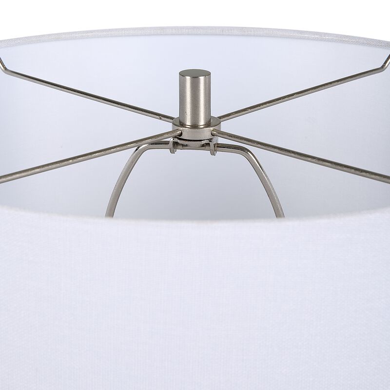25 Inch Table Lamp, Rattan Woven, White Linen Shade, Brushed Silver Accents - Benzara