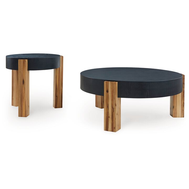 Moy 2pc Coffee and End Table Set, Round Black Textured Top, Solid Wood - Benzara