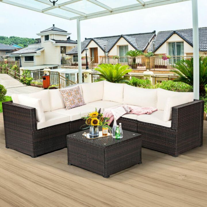 Hivvago 6 Pieces Rattan Patio Sectional Sofa Set with Cushions for 4-5 Person