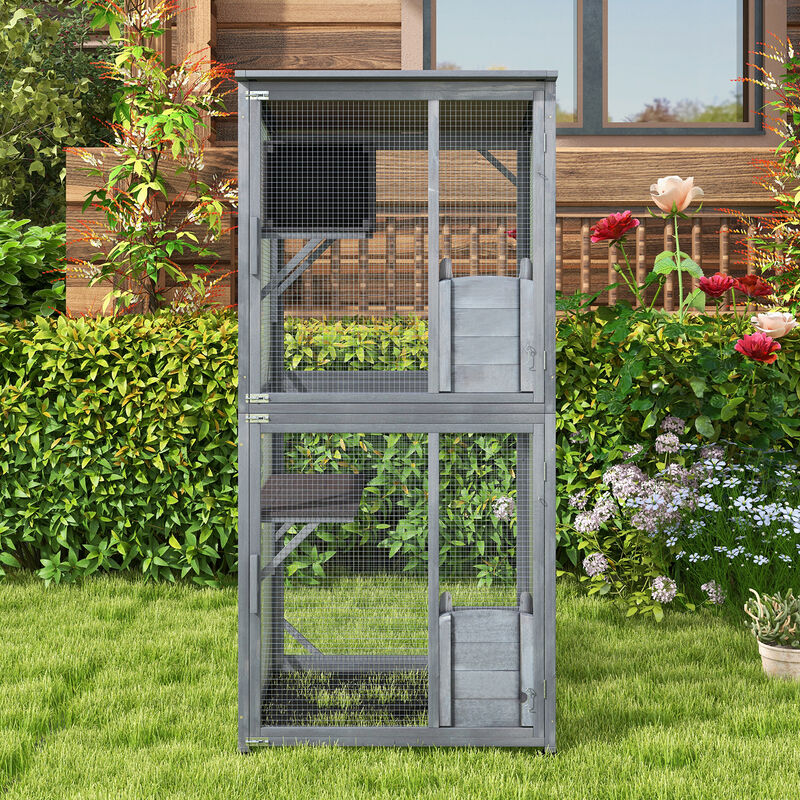 72 Inch TallWooden Cat House with Weatherproof Asphalt Roof-Grey
