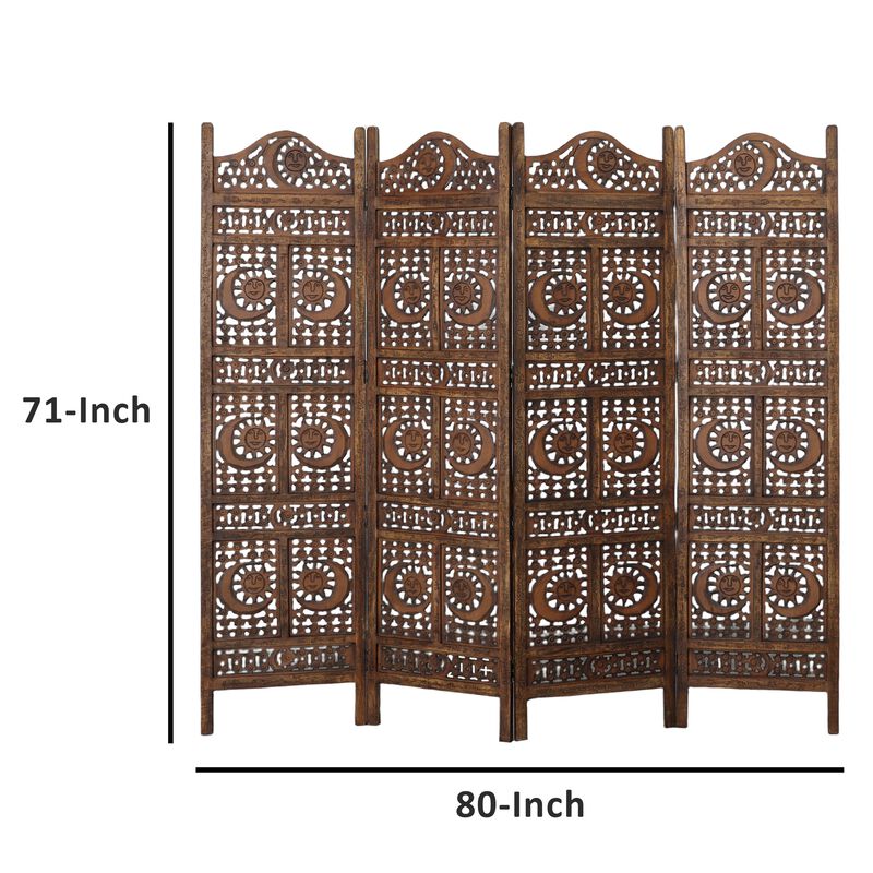 71 Inch 4 Panel Mango Wood Room Divider, Hand Carved, Sun & Moon Design, Brown-Benzara