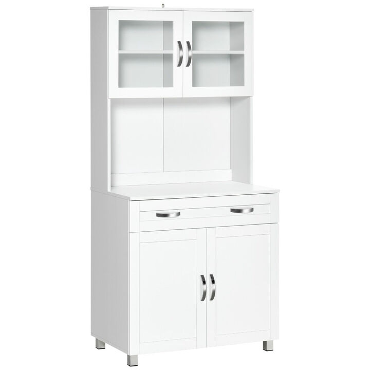 White Kitchen Tower: Tall Pantry Cabinet with Glass Doors and Drawers