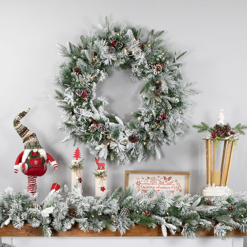 Pre-Lit Flocked Rosemary Emerald Angel Pine Artificial Christmas Wreath - 30-Inch  Clear LED Lights