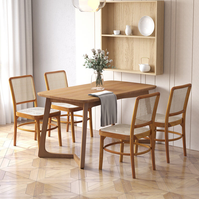Set of 2 Dining Chairs Rattan with Teak Wood Structure and Footrests