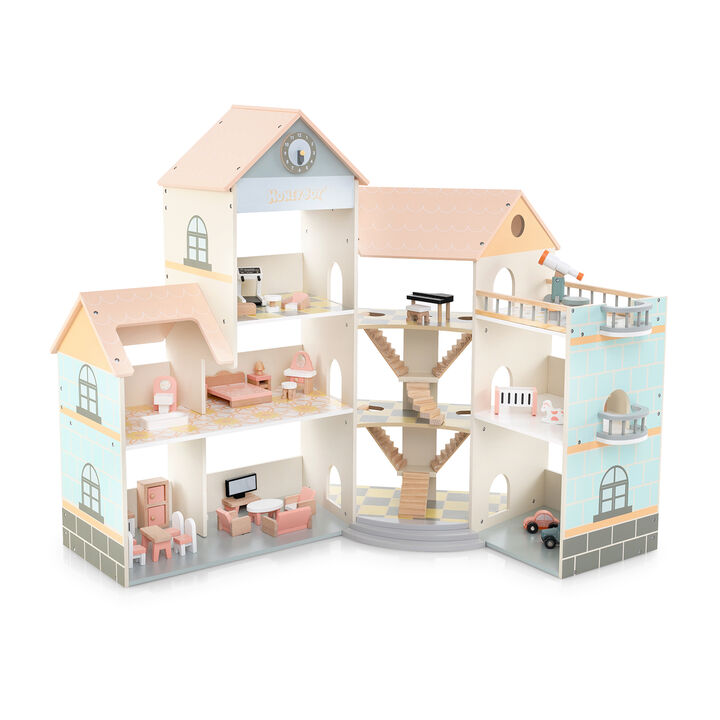Wooden Corner Dollhouse Playset with 41 Pieces of Accessories for Kids 3+ Years Old-Orange Wooden Corner Dollhouse Playset with 41 Pieces of Accessories for Kids 3+ Years Old-Orange