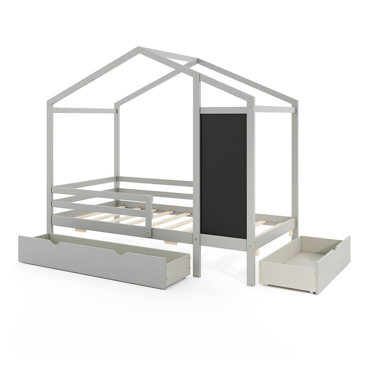 Kids Bed with 2 Drawers Solid Wood Bed with Blackboard