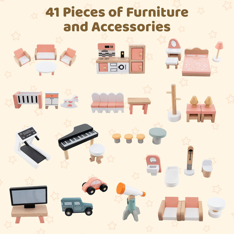 Wooden Corner Dollhouse Playset with 41 Pieces of Accessories for Kids 3+ Years Old-Orange