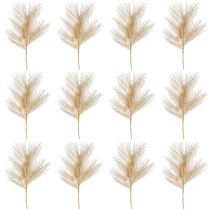 Set of 12 Gold Long Needle Pine Sprays for Elegant Holiday Décor and Floral Arrangements