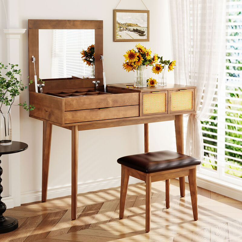 Merax Classic Wood Makeup Vanity Set with Flip-top Mirror