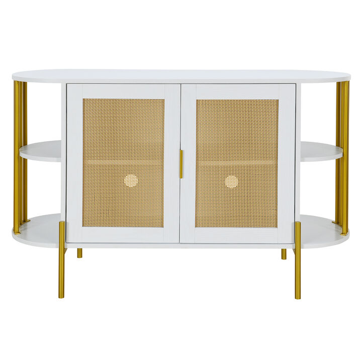 Clihome 2-Door Elegant Curved Dining Cabinet with Gold Trim and Woven Rattan Doors for Dining Room (White) Clihome 2-Door Elegant Curved Dining Cabinet with Gold Trim and Woven Rattan Doors for Dining Room (White)