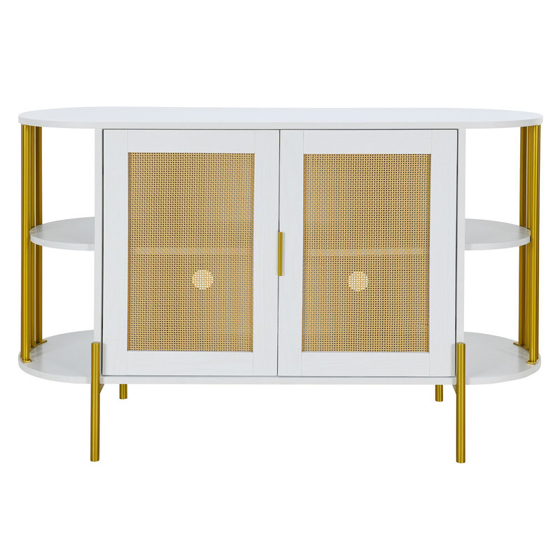 Clihome 2-Door Elegant Curved Dining Cabinet with Gold Trim and Woven Rattan Doors for Dining Room (White)