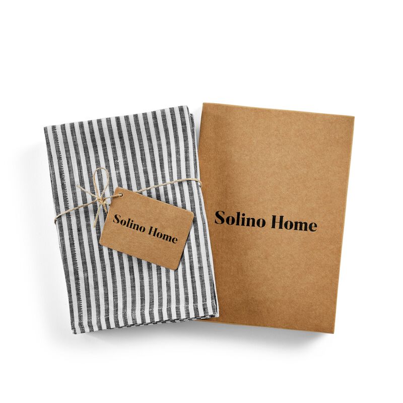 Solino Home 100% Pure Linen Kitchen Towels Set of 2 - 17 x 26 Inch | Narrow Stripe
