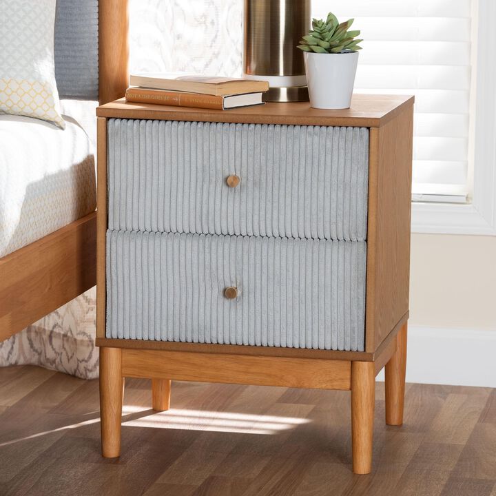 Baxton Studio Taylin Mid Century Grey Corduroy and Oak Brown Wood 2 Drawer Nightstand