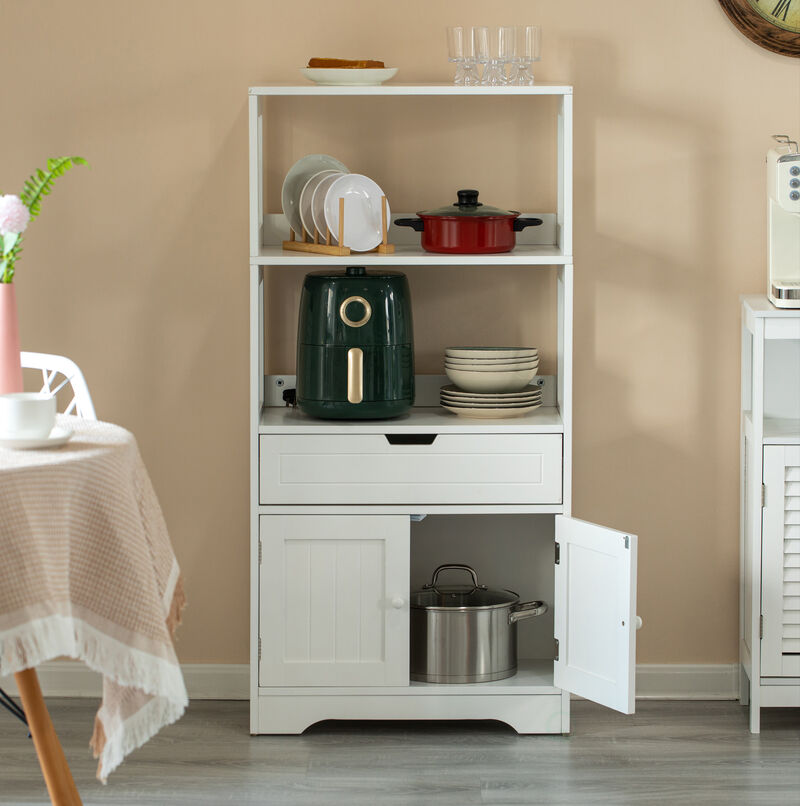 Tall Freestanding Wooden Storage Vanity, Kitchen Pantry, and Bathroom Cabinet Organizer, with 2 Open shelves, A drawer and 2 Door Cabinet, White