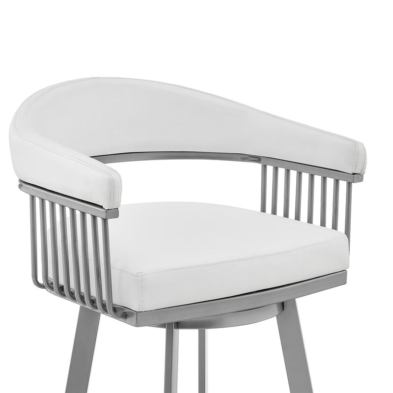 Bronson Bar Height Swivel Bar Stool in Silver finish and White Faux Leather
