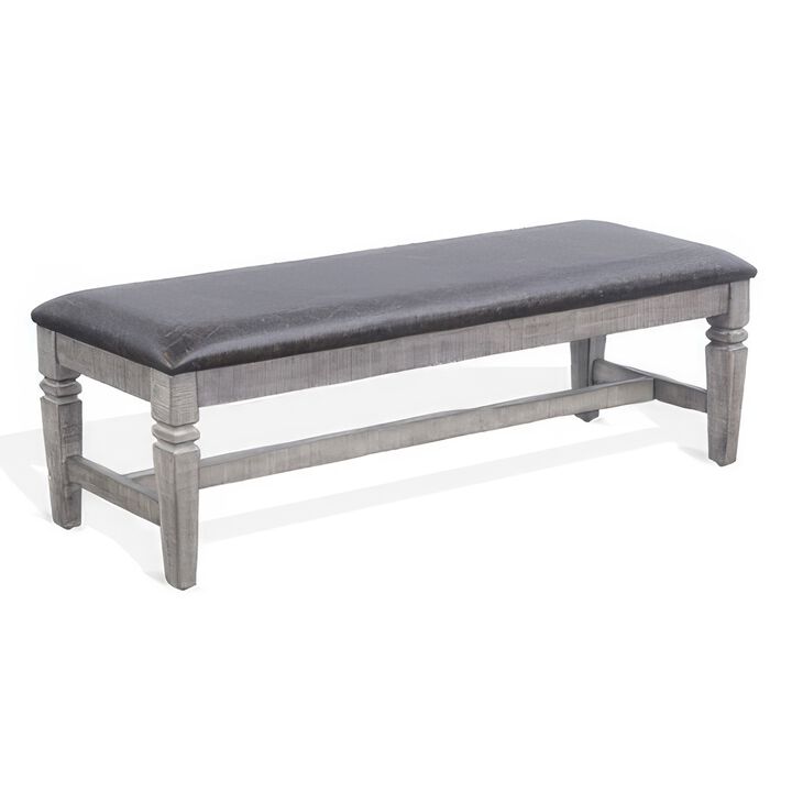 Camie Dining Bench, 56 Inch Faux Leather Seat, Gray Mahogany Wood - Benzara Camie Dining Bench, 56 Inch Faux Leather Seat, Gray Mahogany Wood - Benzara