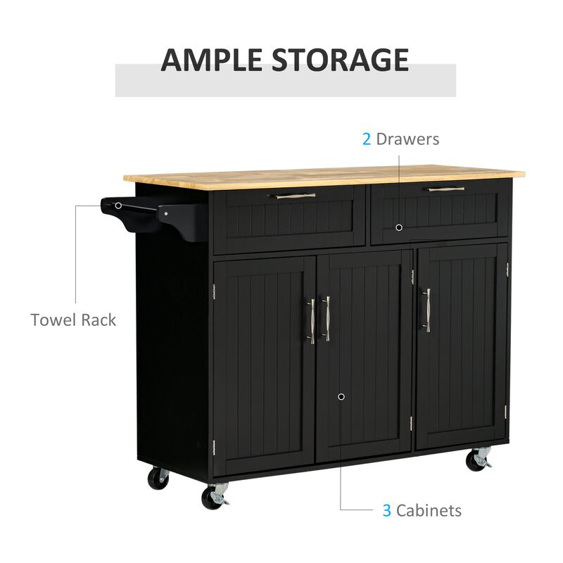 Black Mobile Kitchen: Island with Drawers and Cabinet Storage