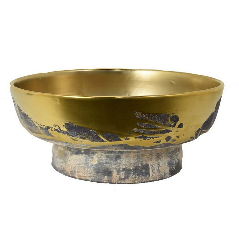 16 Inch Decorative Bowl, Distressed Gold Finish, Modern Aesthetic, Ceramic - Benzara