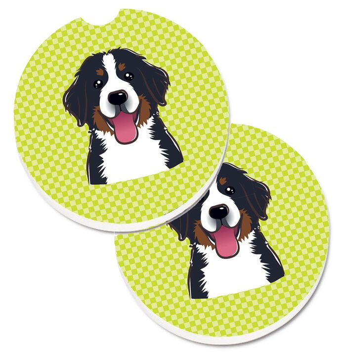 Caroline's Treasures Checkerboard Lime green Bernese Mountain Dog Set of 2 Cup Holder Car Coasters BB1299CARC, 2.56, Multicolor
