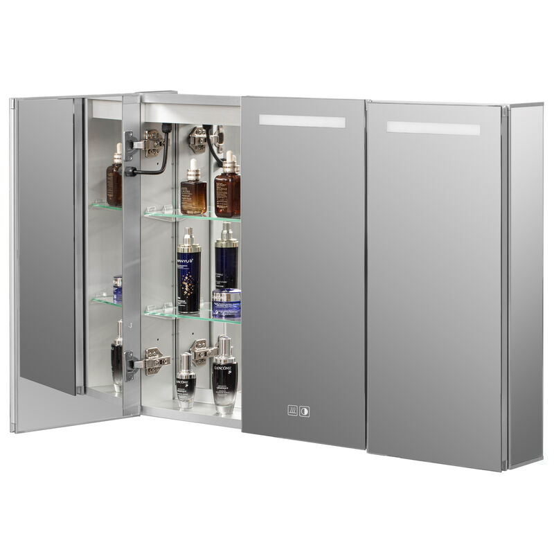 Basicwise 3-Door Versatile Bathroom Medicine Cabinet with Anti-Fog LED Mirror, Waterproof Aluminum, Surface or Recessed Mount, 2 Adjustable Glass Shelves, Wall Cabinet for Bathroom Storage, Silver