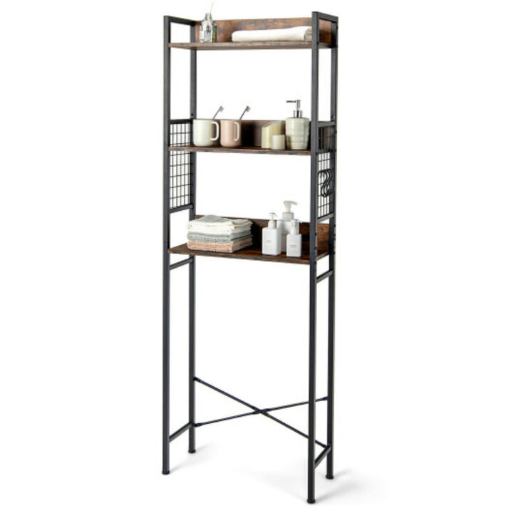 3-Tier Over-the-Toilet Storage Rack with 3 Hooks-Rustic Brown 3-Tier Over-the-Toilet Storage Rack with 3 Hooks-Rustic Brown