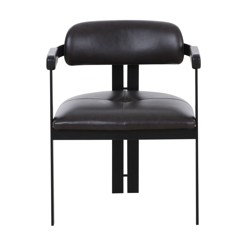 Anta Dining Chair, Black Iron Slats Back, Dark Brown Genuine Leather - Benzara