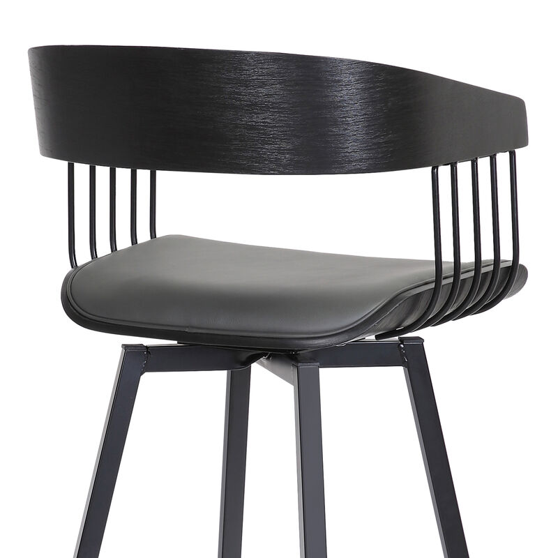 Athena Swivel Black Wood Counter Stool in Grey Faux Leather with Black Metal