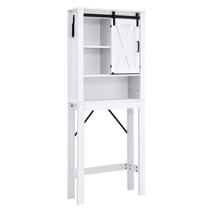 3-Tier Wooden Bathroom Cabinet with Sliding Barn Door and 3-position Adjustable Shelves-White