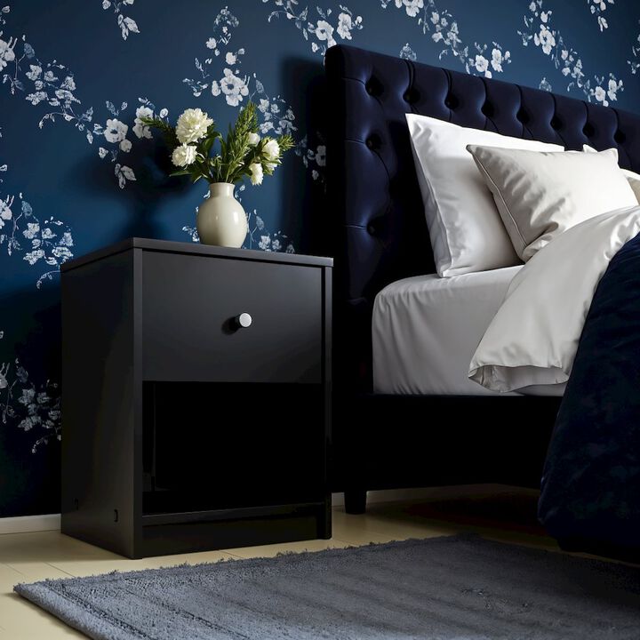 Furnifact Black Small Nightstand - Compact Bedside Table With Drawer For Bedrooms