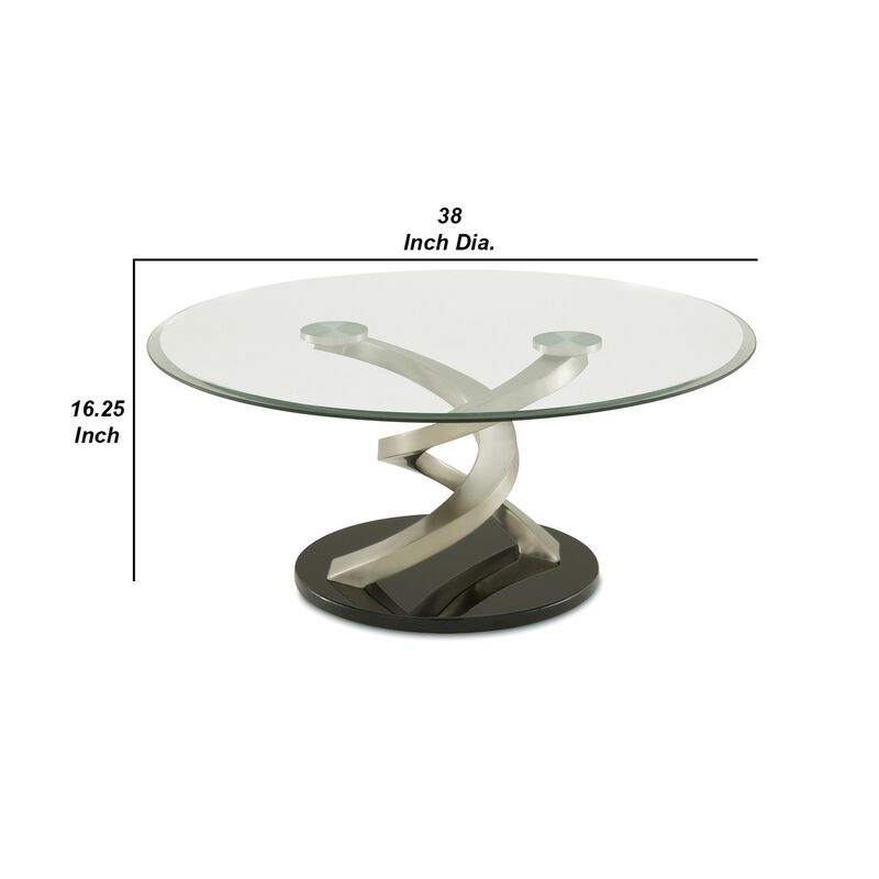 Coffee Table with Twisted Metal Base and Round Glass Top, Silver and Black-Benzara