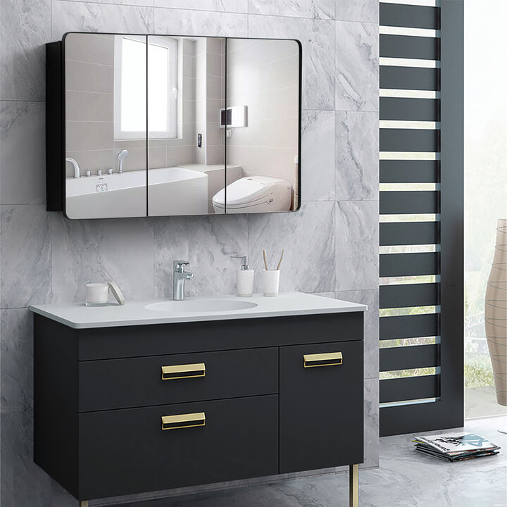 Basicwise 3-Door Aluminum Bathroom Medicine Cabinet, Round Corner Framed Door - Versatile Recessed Medicine Cabinet or Surface Mount, Mirrored Door Cabinet with Adjustable Glass Shelves, Matte Black